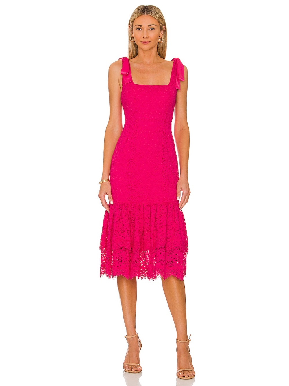 Lovers + Friends Day Keeper Midi Dress XS Paradise Pink Lace Tie Strap Ruffle